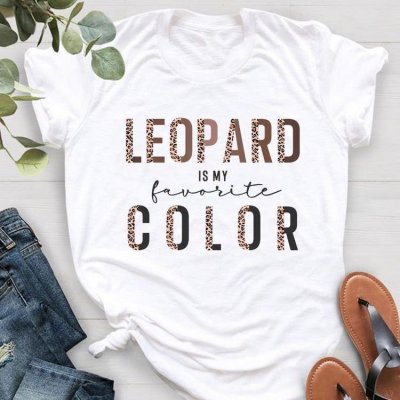 Leopard Letter Printed Women Short-Sleeved T-Shirt