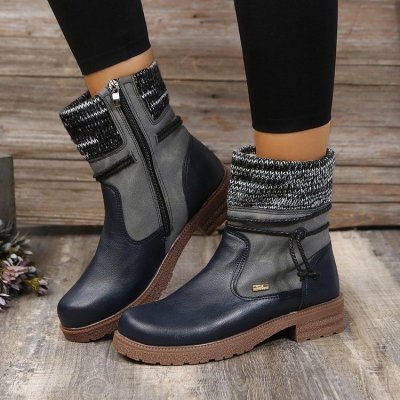 Women Vintage Plus Size Round Toe Side Zip PU Short Boots