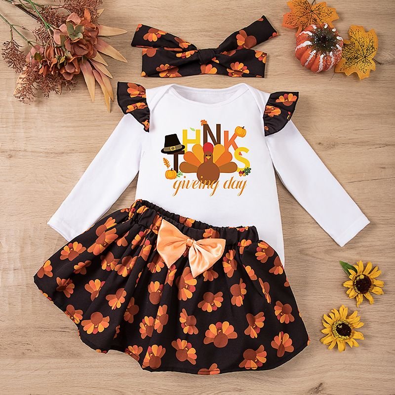 Kids Baby Girls Casual Cute Thanksgiving Turkey Alphabet Print Long Sleeve Romper Skirt Sets