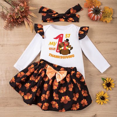 Kids Baby Girls Casual Cute Thanksgiving Turkey Alphabet Print Long Sleeve Romper Skirt Sets