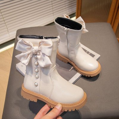 Kids Girls Autumn Winter Fashion Casual Bow Round-Toe Zipper Versatile Short Boots