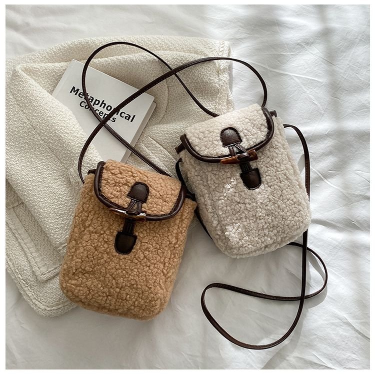 Autumn Winter Women Fashion Cute Lamb Plush Crossbody Phone Bag