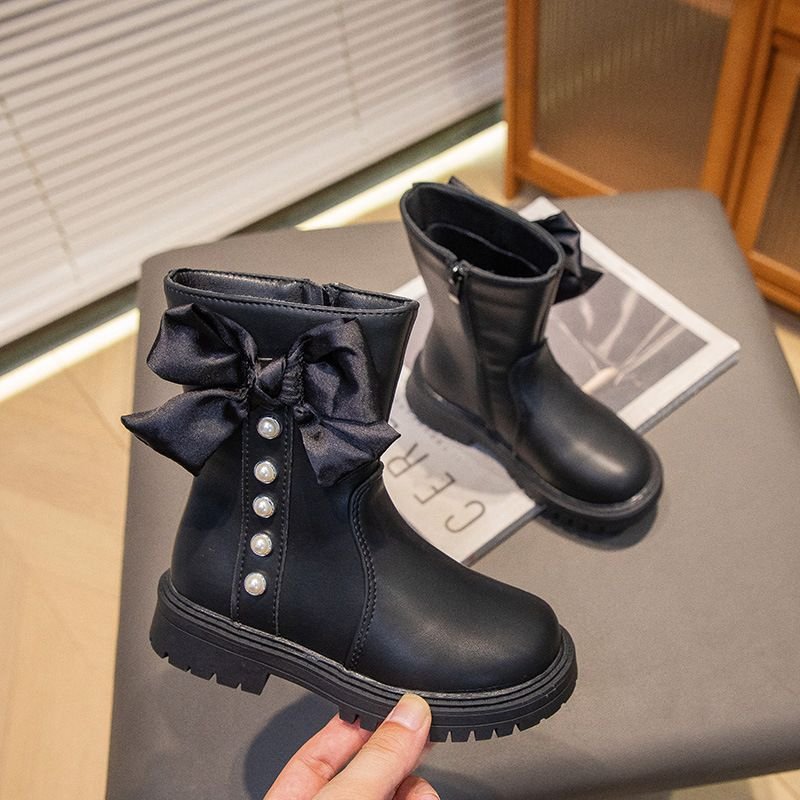 Kids Girls Autumn Winter Fashion Casual Bow Round-Toe Zipper Versatile Short Boots